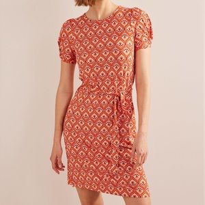 Boden Orange Geometric Belted Waist Short Sleeve Knot Detail Jersey Mini Dress